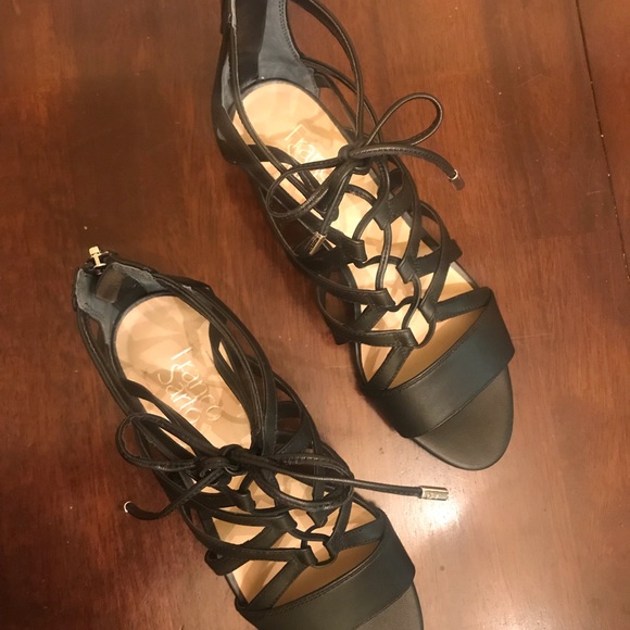 NWOT Franco Sarto Black GLADIATOR Wedge Heels 7M - Picture 5 of 8